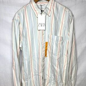 Zara Pinstripe Button Down Shirt New Women’s Size Large Blue Pink Multicolor NWT